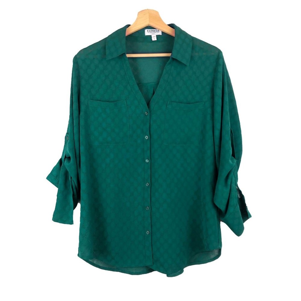 Express Long Sleeve Portofino Women's Green Button-Up Blouse
